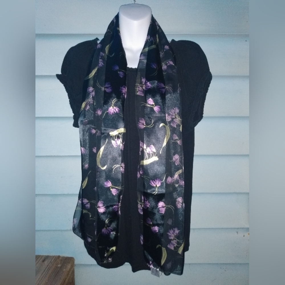 Black, floral pattern scarf from the Kathy Lee Collection.